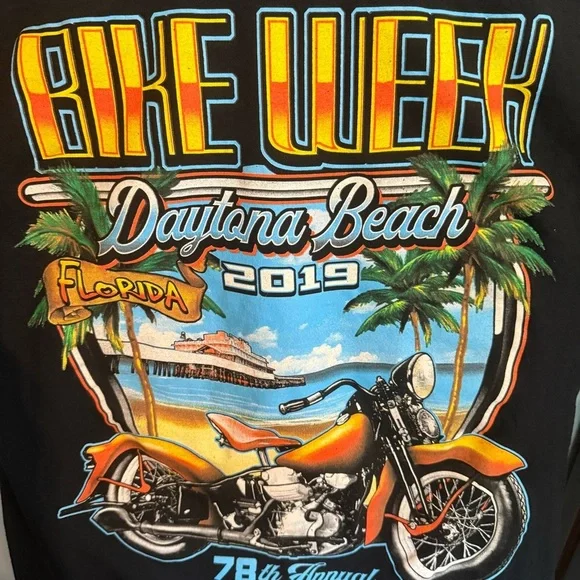 Daytona Beach Bike Week 2019 78th Black Graphic T Shirt Palm Trees Boardwalk - Picture 2 of 6